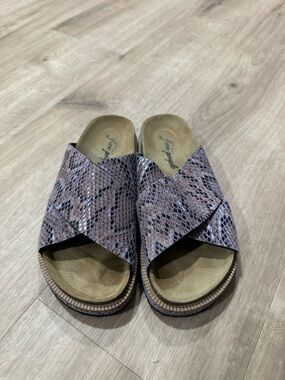 Free People Snake Print Slide Sandals in Lavender Taupe